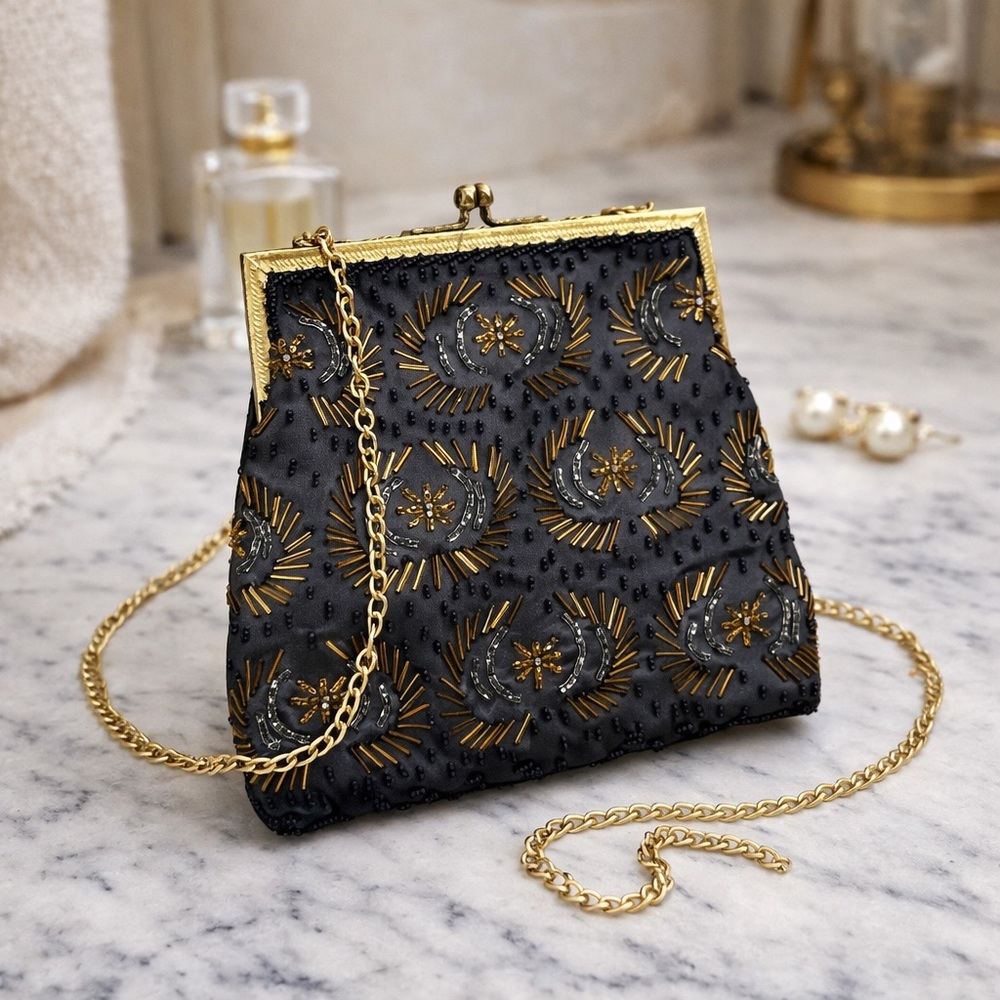 Vintage Black & Gold Beaded Evening Bag | Art Deco Clutch | Chain Strap